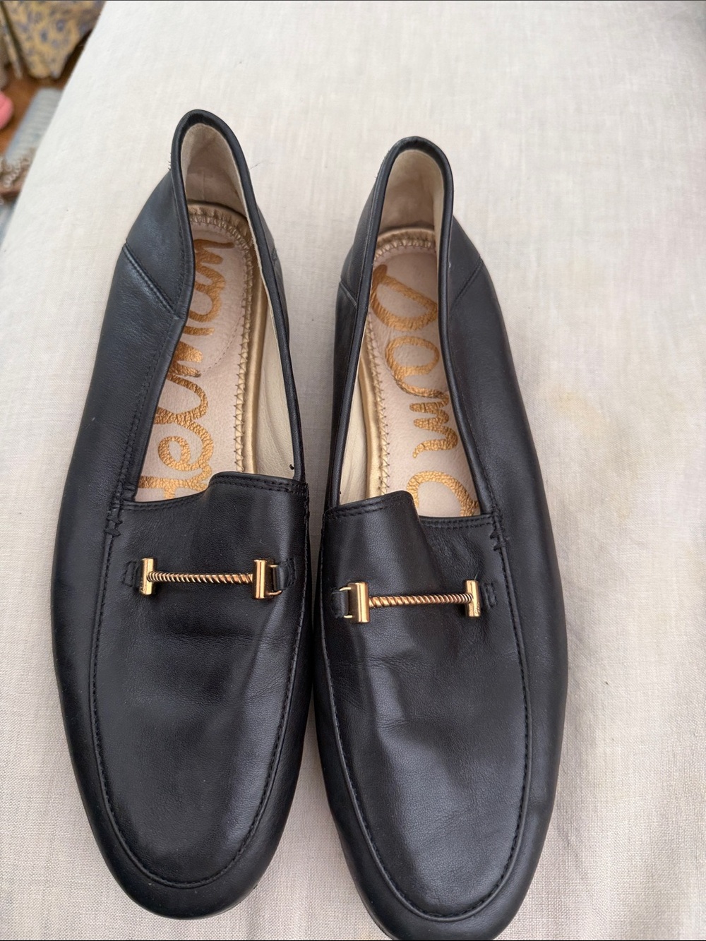 Sam Edelman Black Leather Loafers with Gold Bit Detail